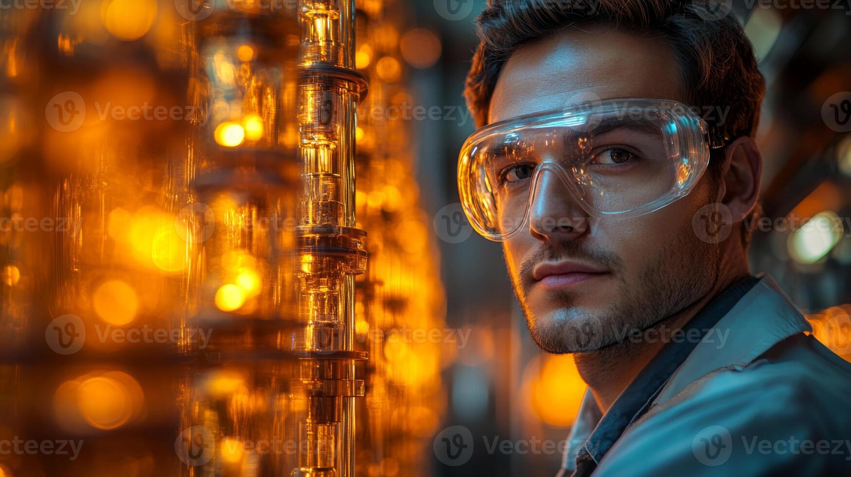 Worker in protective gear examines equipment in a vibrant industrial setting dedicated to metallurgy and material extraction, emphasizing safety and technology. photo
