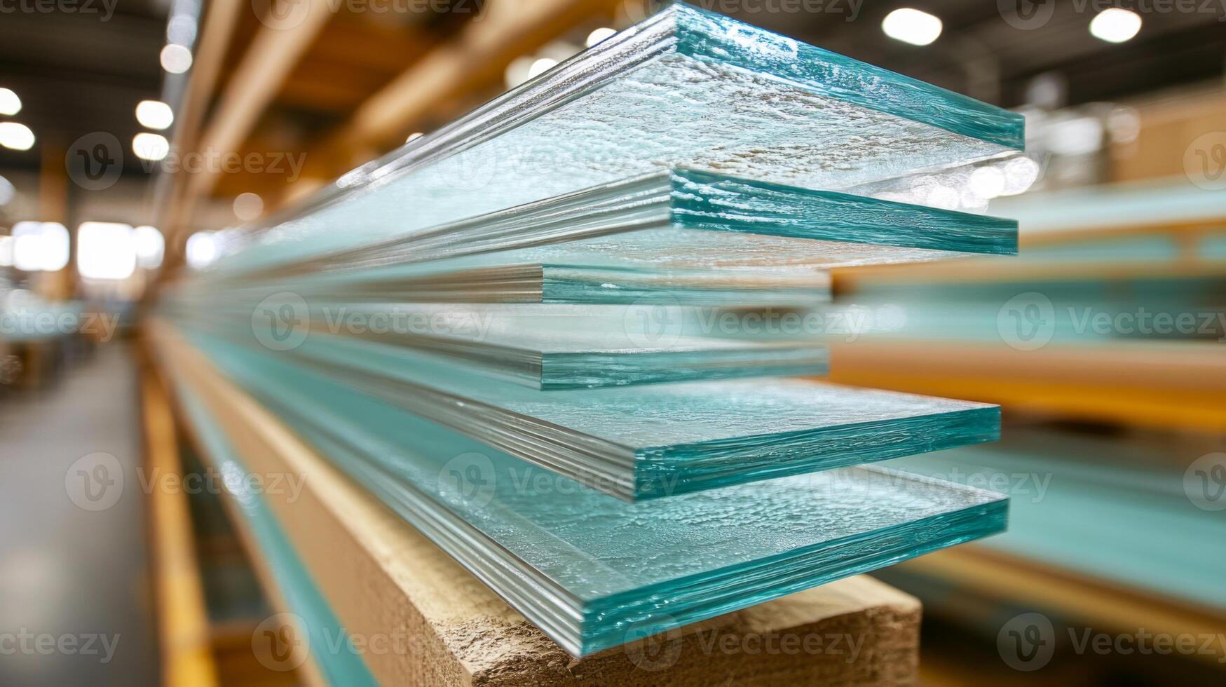 Clear glass sheets are stacked neatly in a fabrication facility, showcasing quality craftsmanship for construction and infrastructure projects. The environment emphasizes industrial organization. photo