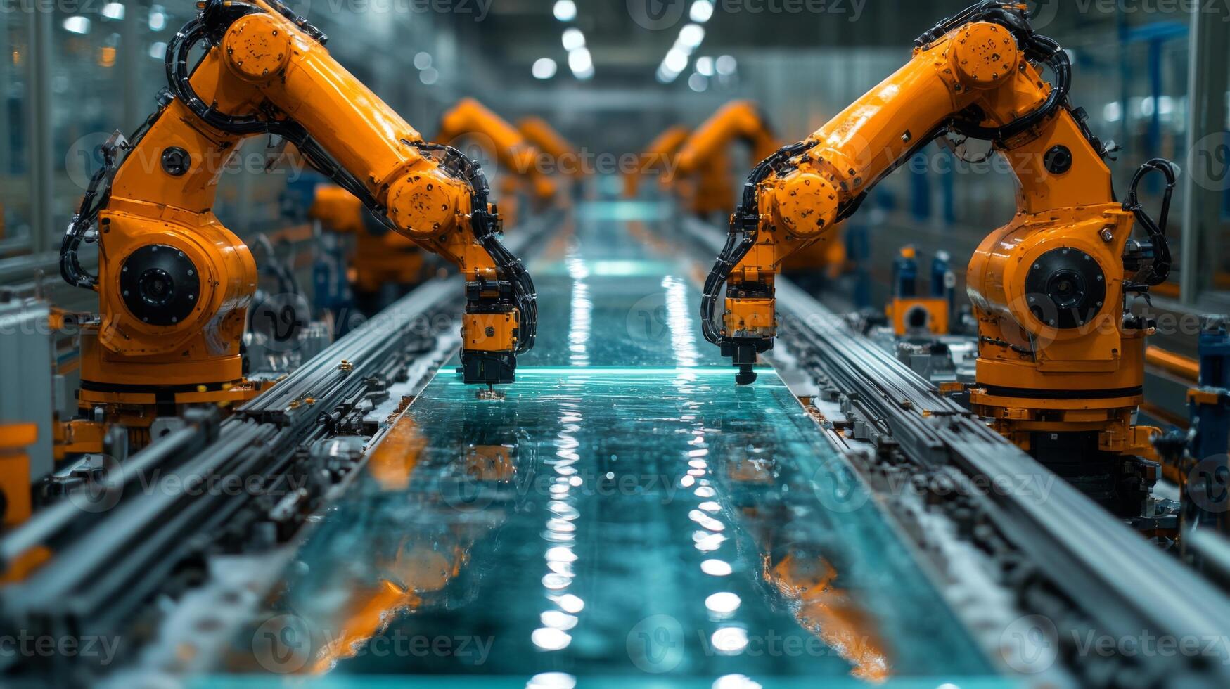 Robotic arms perform precise tasks in glass fabrication, showcasing advanced automation in a well equipped industrial space dedicated to manufacturing. photo