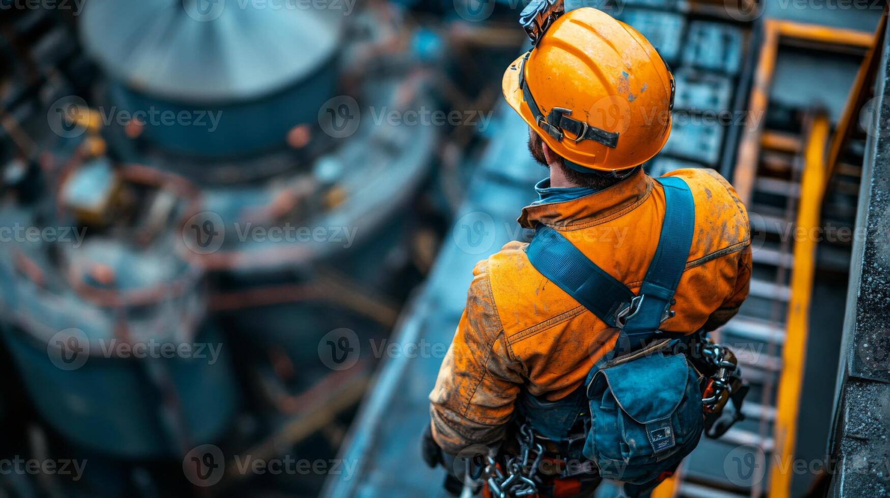 A mining worker clad in safety gear stands atop a platform, surveying a busy extraction site with machinery and processing equipment designed for cement and glass fabrication photo