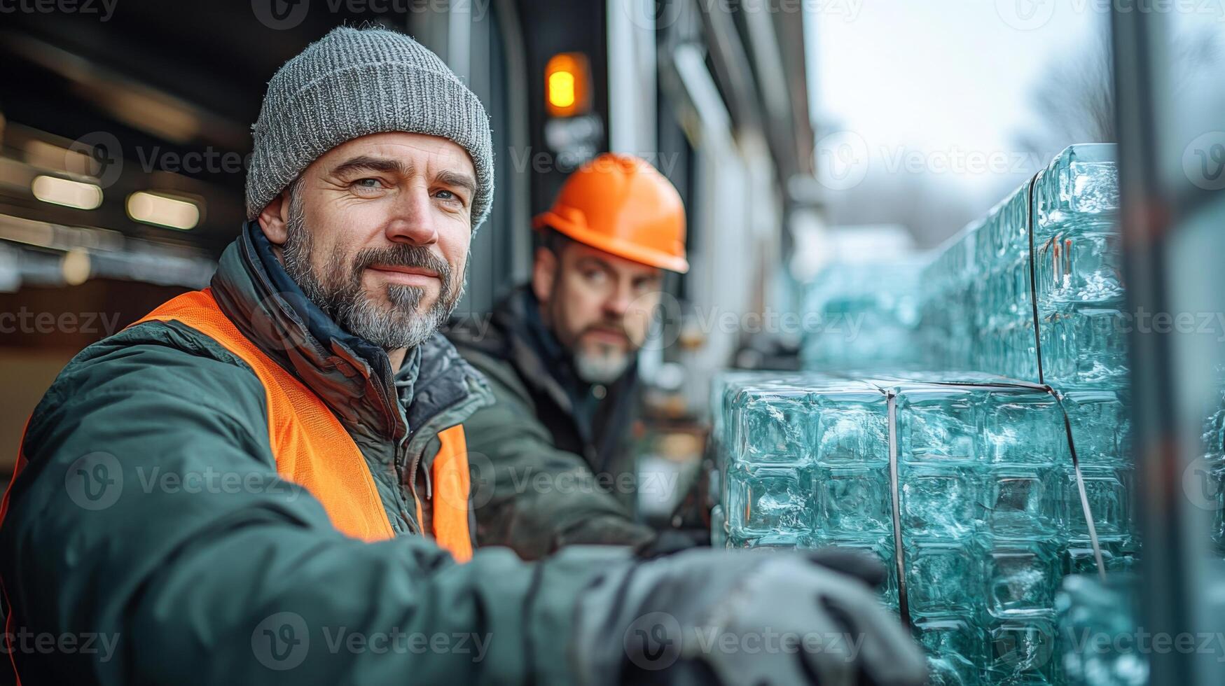 Two men wearing safety gear are managing large transparent glass blocks at a construction site in winter, focusing on their work effectively with visible machinery in the background. photo