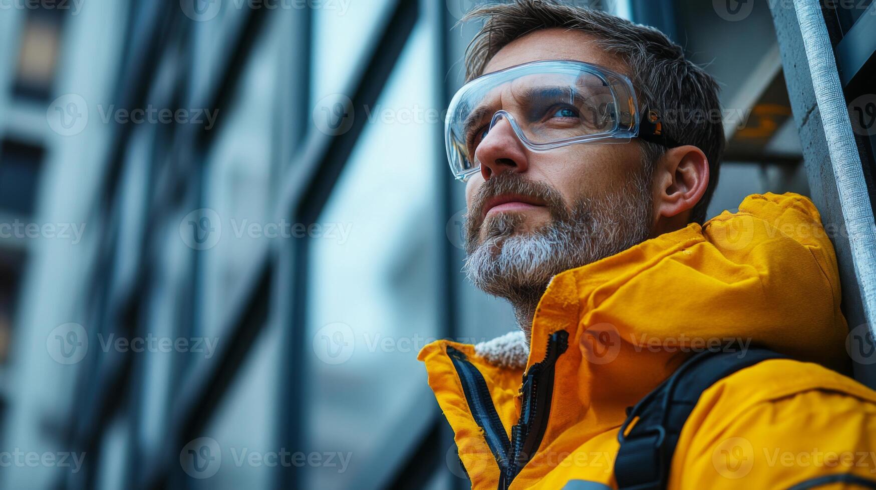 Professional in safety goggles and bright jacket reflects on the upcoming phases of construction in a bustling urban area, emphasizing the importance of safety in development. photo