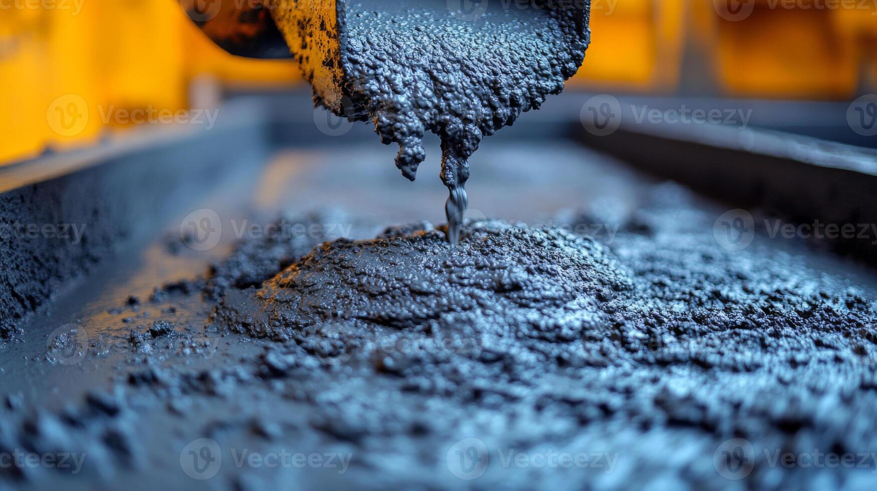 Heavy machinery pours fresh concrete onto a construction site, demonstrating the critical phase of infrastructure development and preparation for building structures. photo