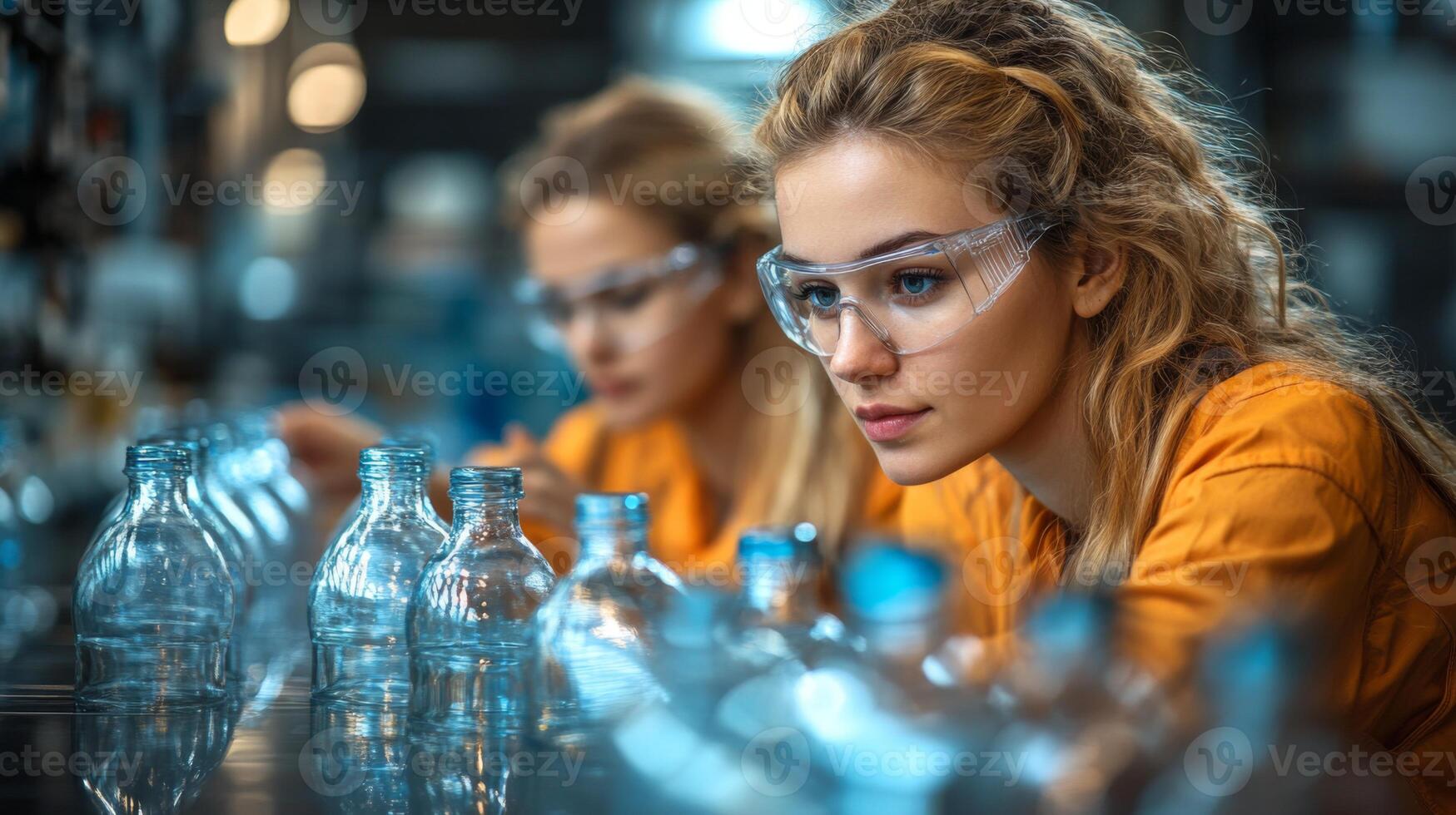 Two workers in safety gear concentrate on inspecting glass bottles on a production line within a state of the art manufacturing facility focused on extraction and fabrication. photo