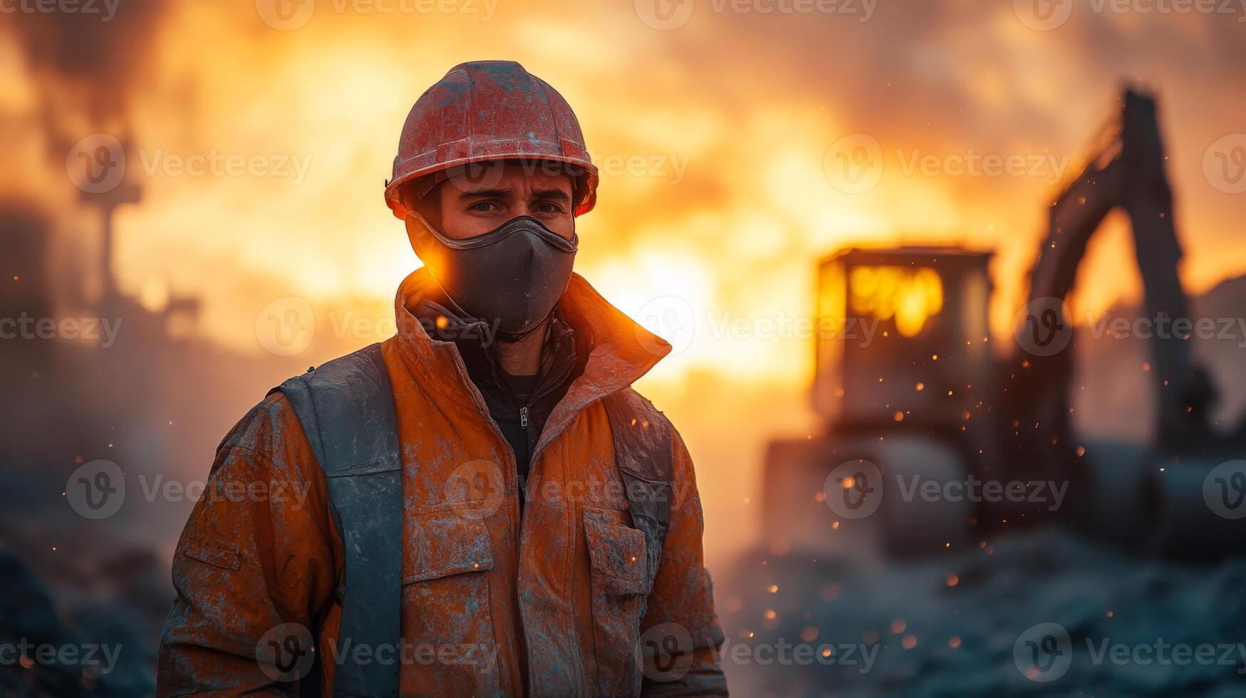 A worker clad in protective gear stands in front of heavy machinery during mining and excavation operations at dusk. The warm glow of the setting sun casts a dramatic light over the site. photo