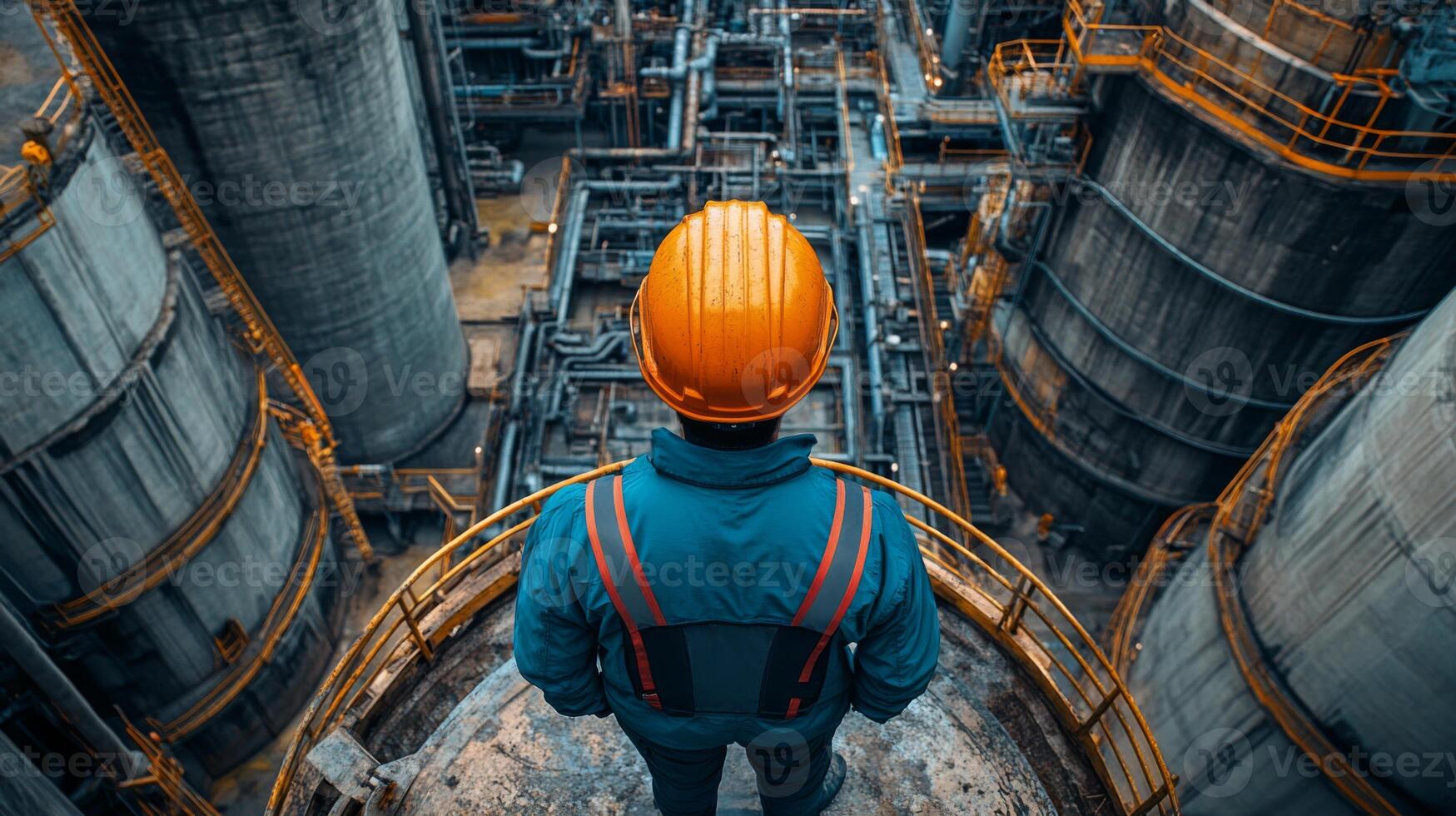 Workers monitor extensive mining operations at a large industrial site specializing in extraction, metallurgy, and construction materials. Equipment and pipelines are visible. photo