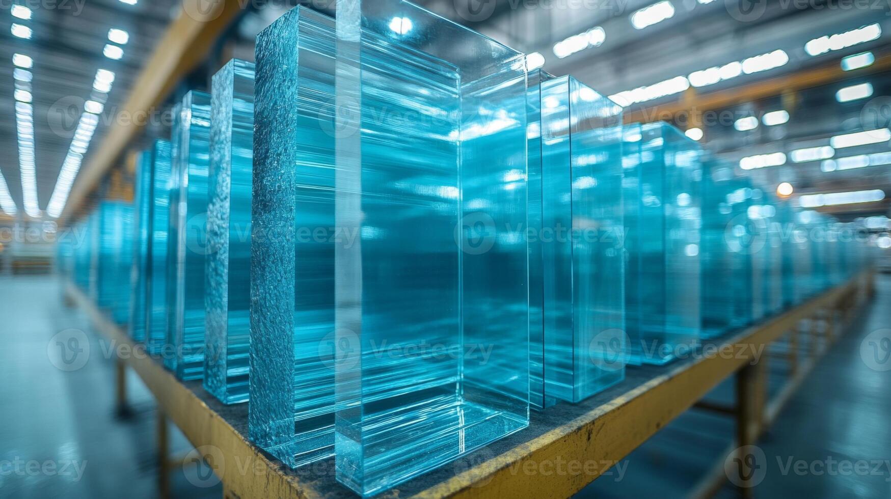 Stacks of translucent glass panels await processing in a well lit manufacturing facility. The focus is on the intricate details and clarity of the glass, integral for construction and building uses. photo