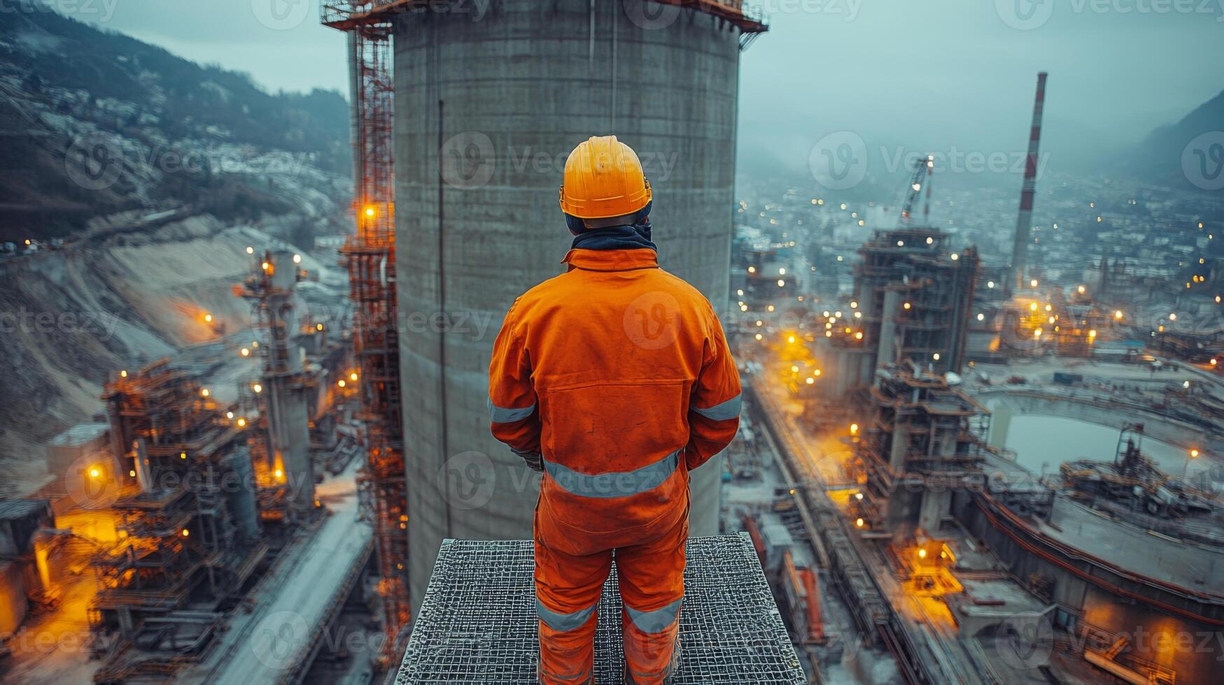 A worker stands on a high platform at a cement production facility, watching the operations below as dusk settles in, illuminating the machinery and surrounding landscape. photo