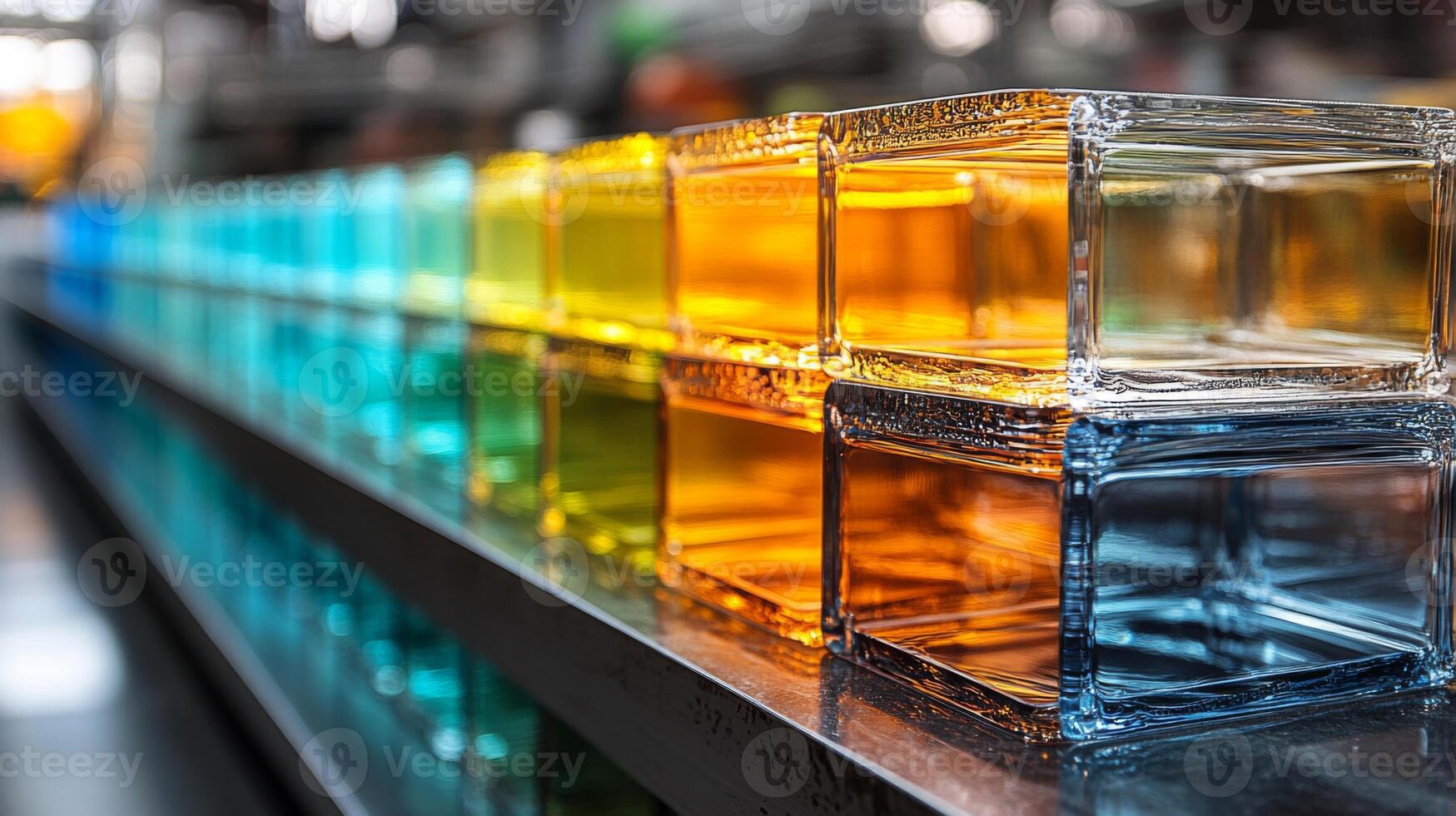 A variety of colorful glass blocks are neatly aligned in a manufacturing facility. photo