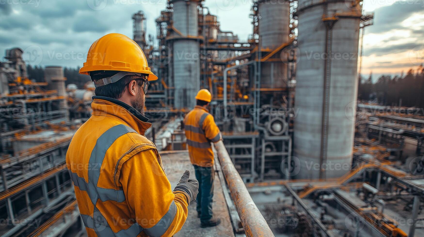 Two construction workers in safety gear monitor operations at a mining and extraction facility as the sun sets. Equipment and machinery dominate the landscape around them. photo