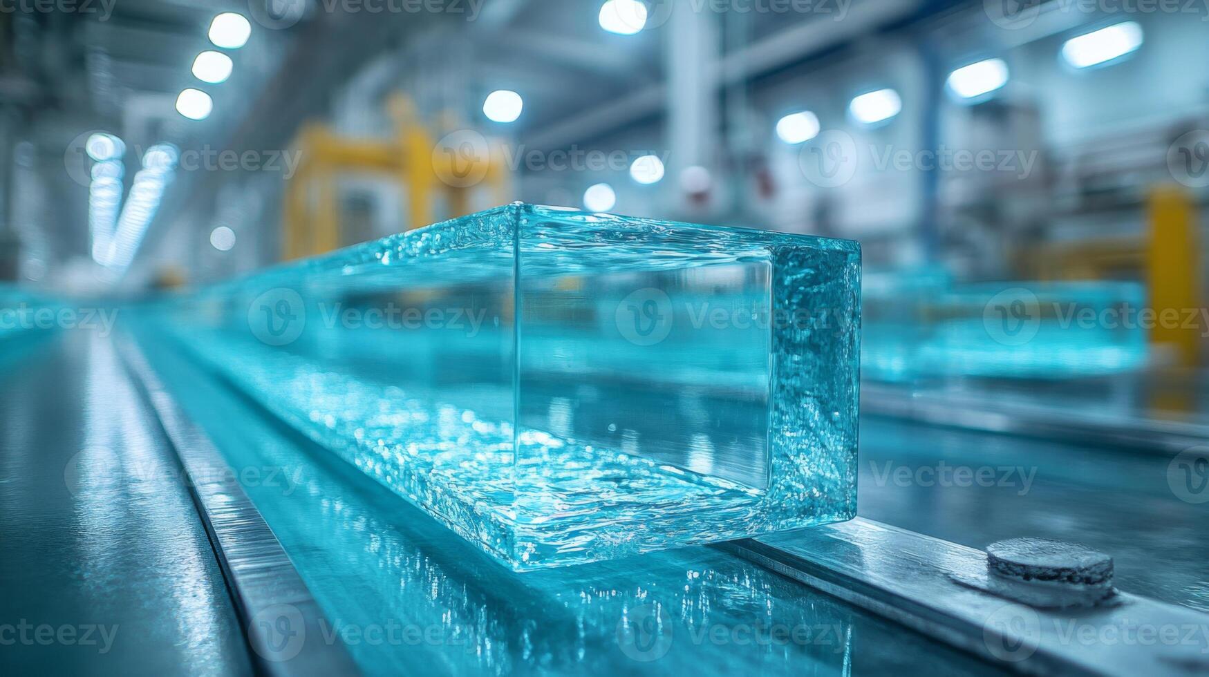 In a modern industrial setting, clear glass blocks are observed on a conveyor system, highlighting the careful manufacturing process that ensures quality and precision in production. photo