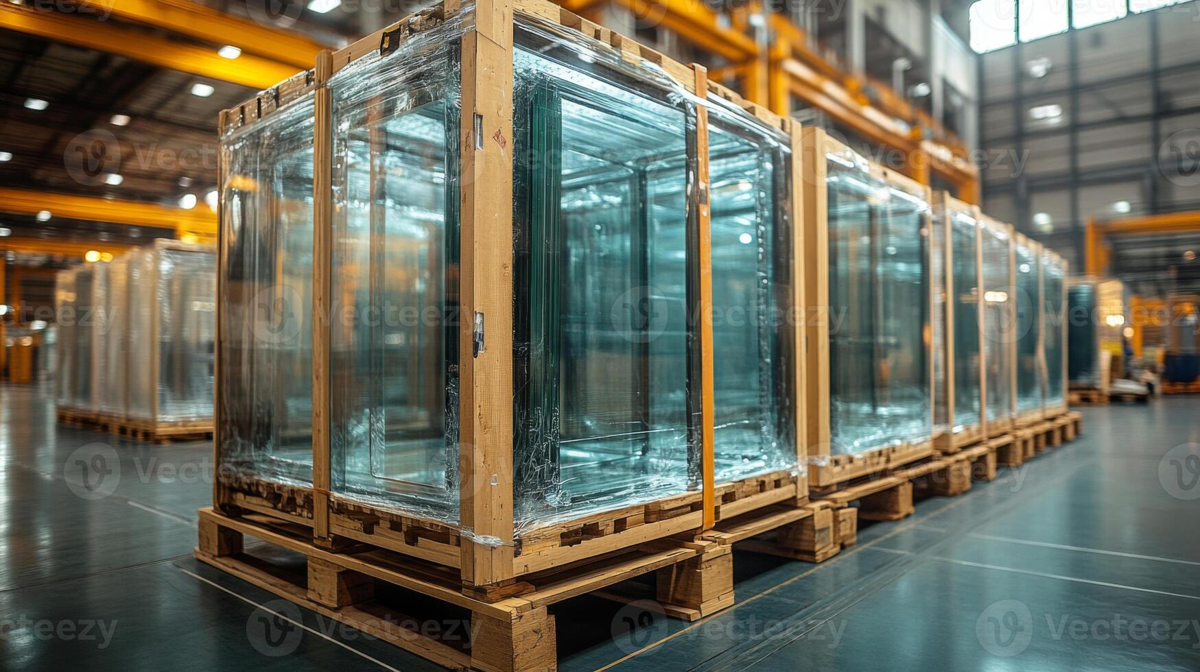 Glass panels are arranged in stacks on wooden pallets within a large industrial warehouse showcasing a clean environment. This setting is designed for construction and fabrication purposes. photo