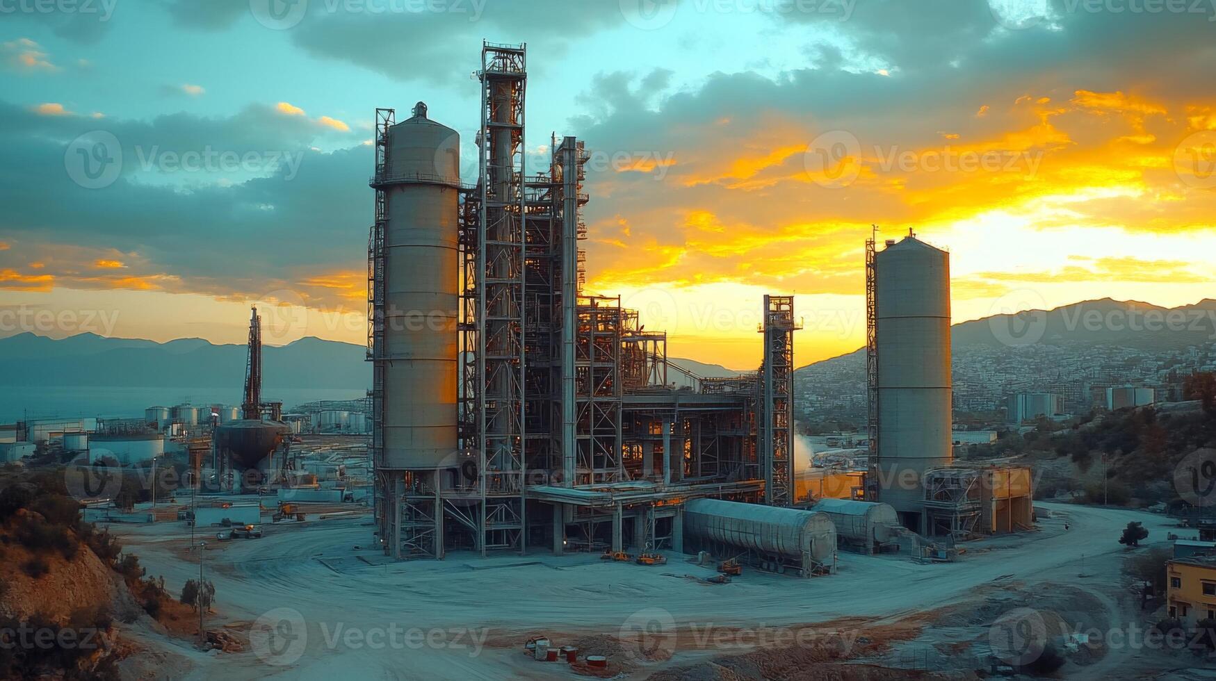 Cement production facility is active during sunset in a mountainous region. Machinery operates to extract and process raw materials for construction and infrastructure development. photo