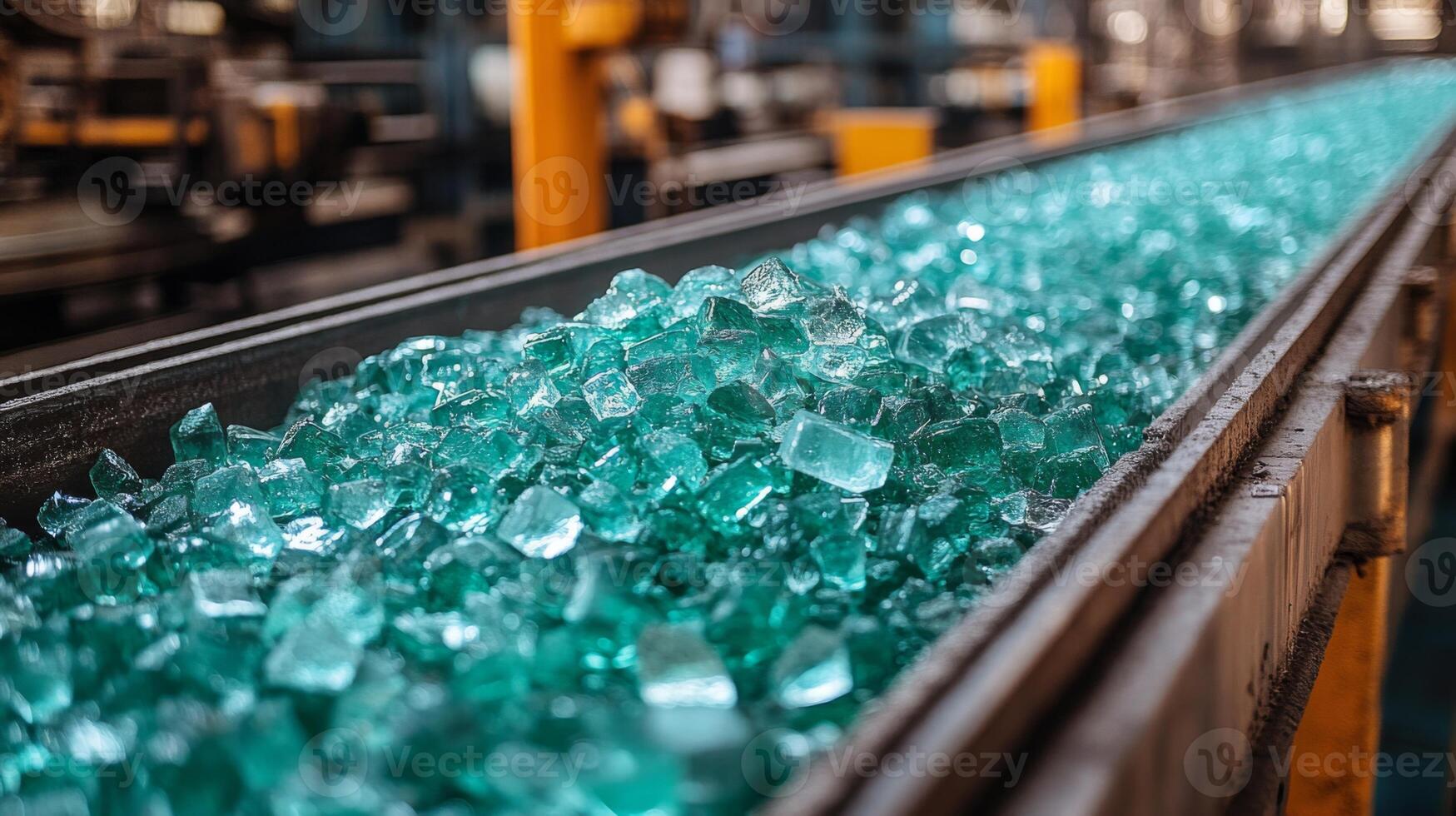 Shiny green glass materials are transported on a conveyor belt in an industrial facility, dedicated to processing and preparing materials for construction and manufacturing projects. photo
