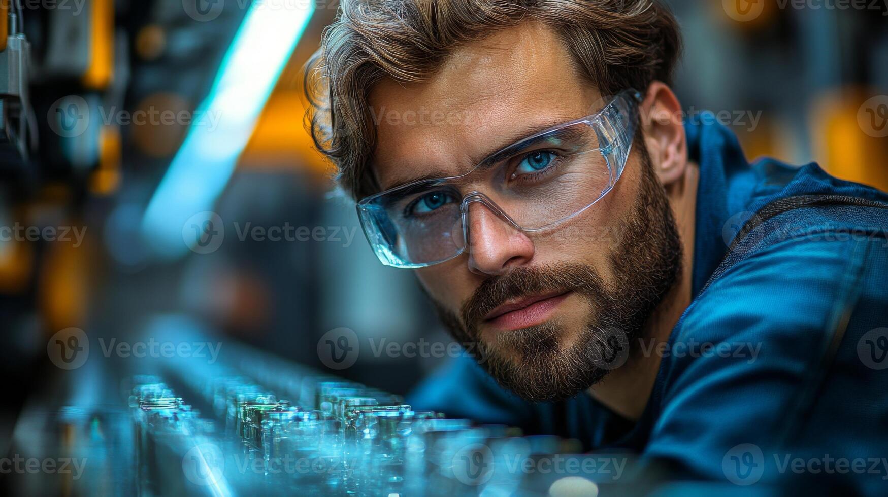 Technician wearing protective gear examines tools in a busy manufacturing plant specializing in mining and metallurgy. Bright lighting adds to the industrious atmosphere of the workspace. photo