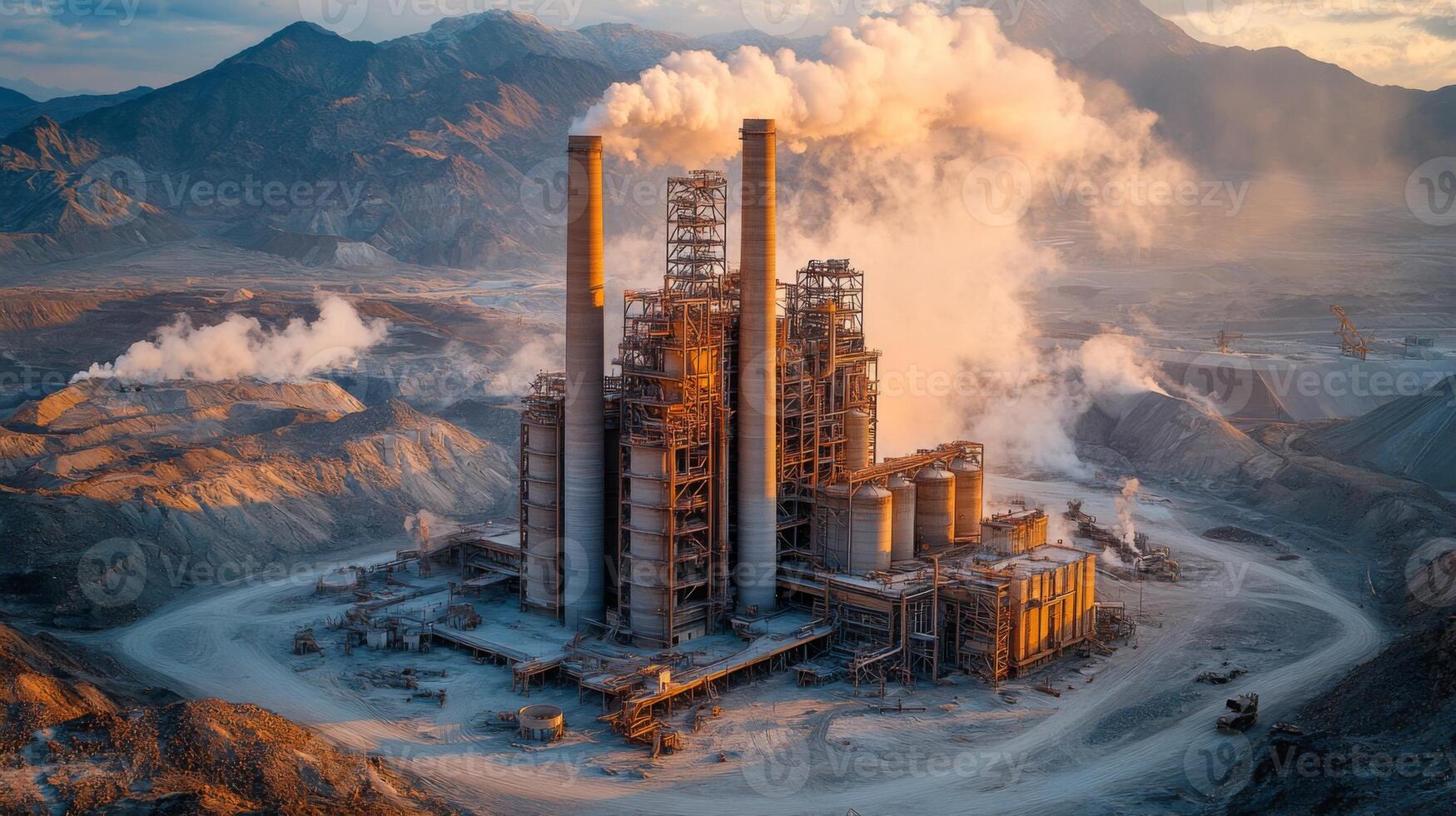 Cement production is in full swing at a large facility nestled in the mountains, with towering smokestacks releasing steam into the sky, while heavy machinery operates in the foreground. photo