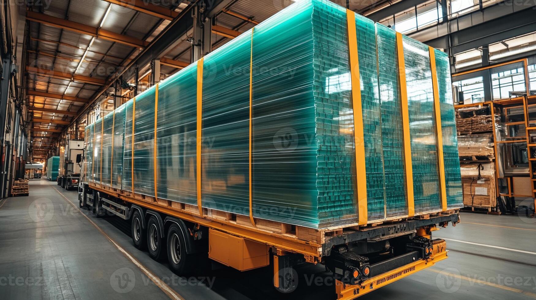 A large truck loaded with stacked glass panels is parked inside a spacious warehouse, showcasing a busy industrial operation focused on construction materials. Workers can be seen in the background. photo
