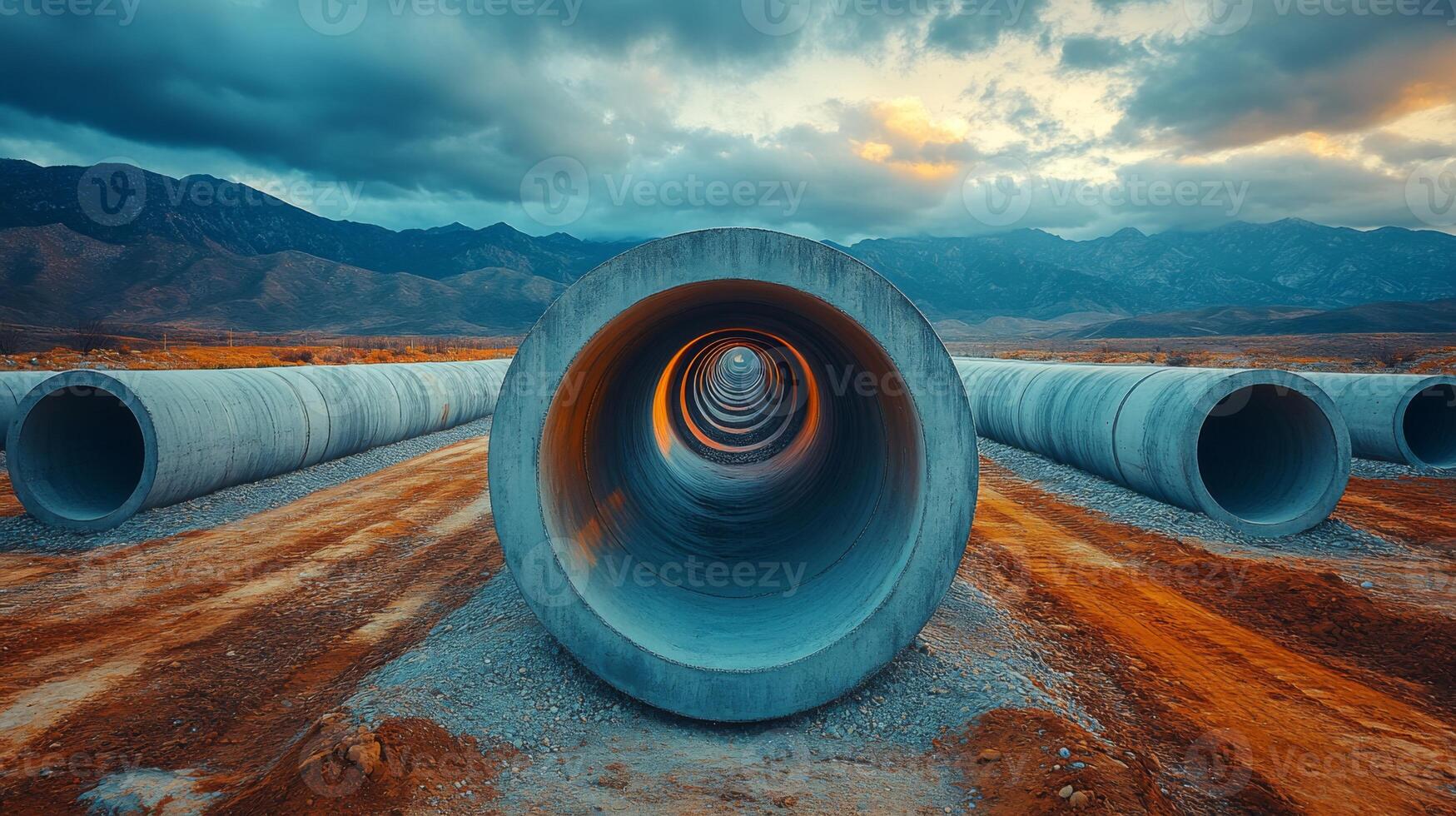 Large concrete pipes are arranged on a construction site with a mountainous backdrop at sunset, indicating ongoing infrastructure development and excavation activities. photo