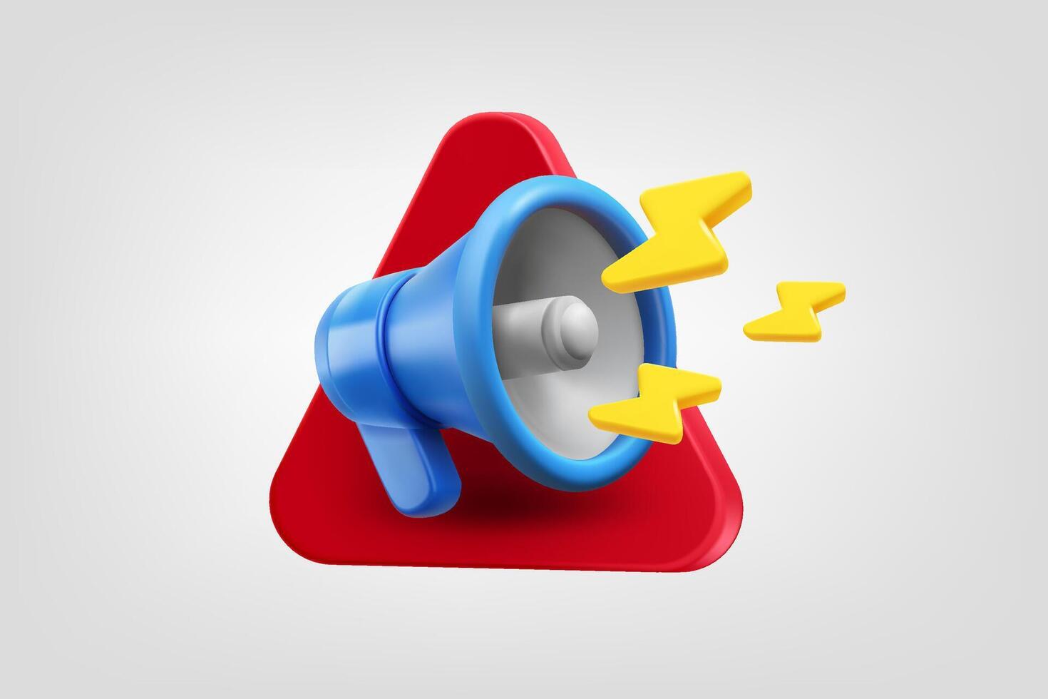 Megaphone with flashes on red triangle. 3d application icon vector