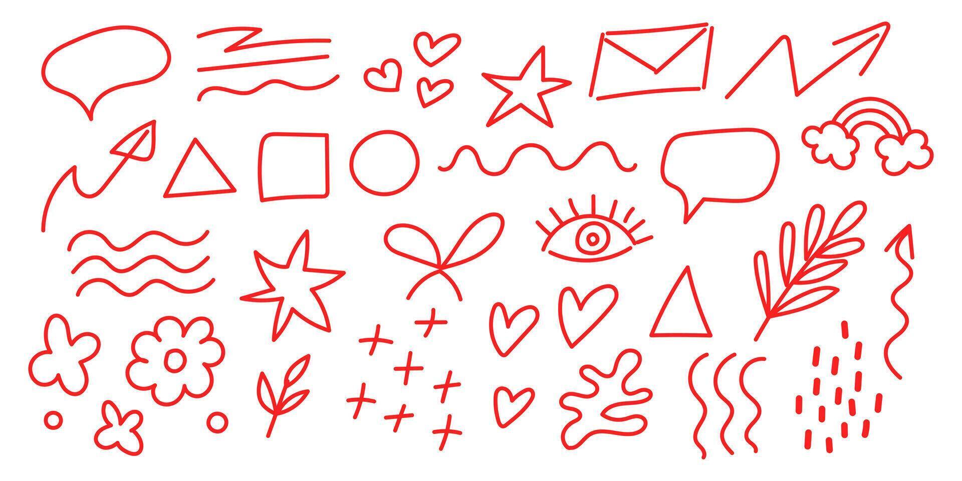 Red doodles featuring various shapes and symbols on a white background for creative design vector