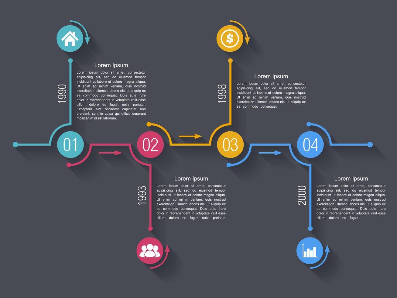 Horizontal timeline infographics design template with four elements vector