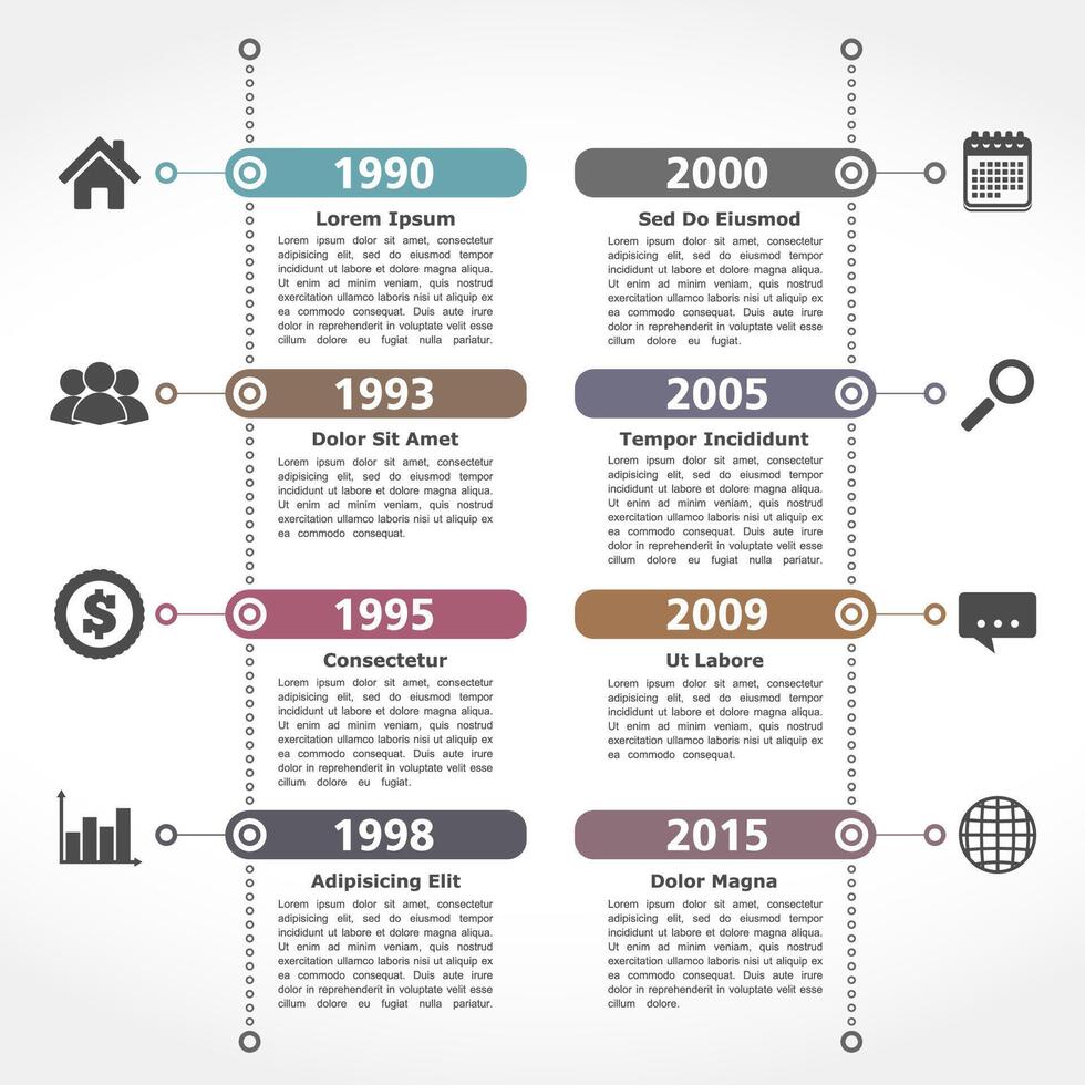 Infographics timeline design template, 8 elements vector