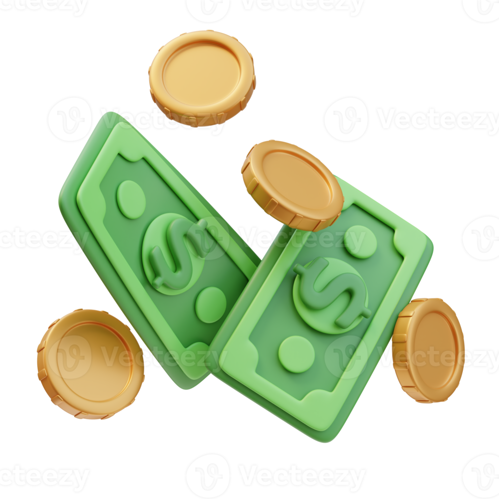 3D Rendering Flying Green Money Banknotes and Golden Coins Dollar Sign. Money Finance. 3D Icon png
