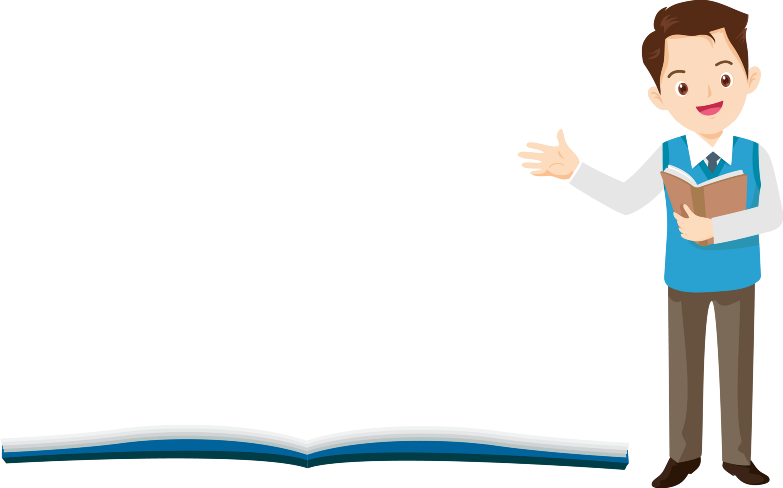 A male teacher is using a large model book to teach. png