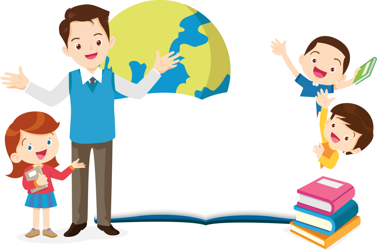 A kind young teacher teaches children to learn about our world. png