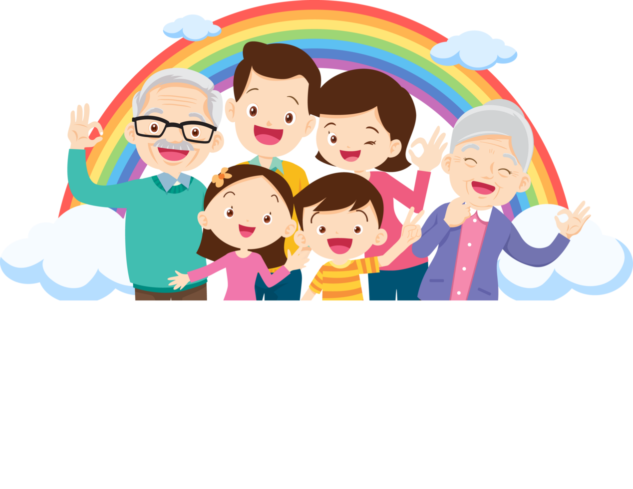 A happy family laughing together amidst a rainbow. png