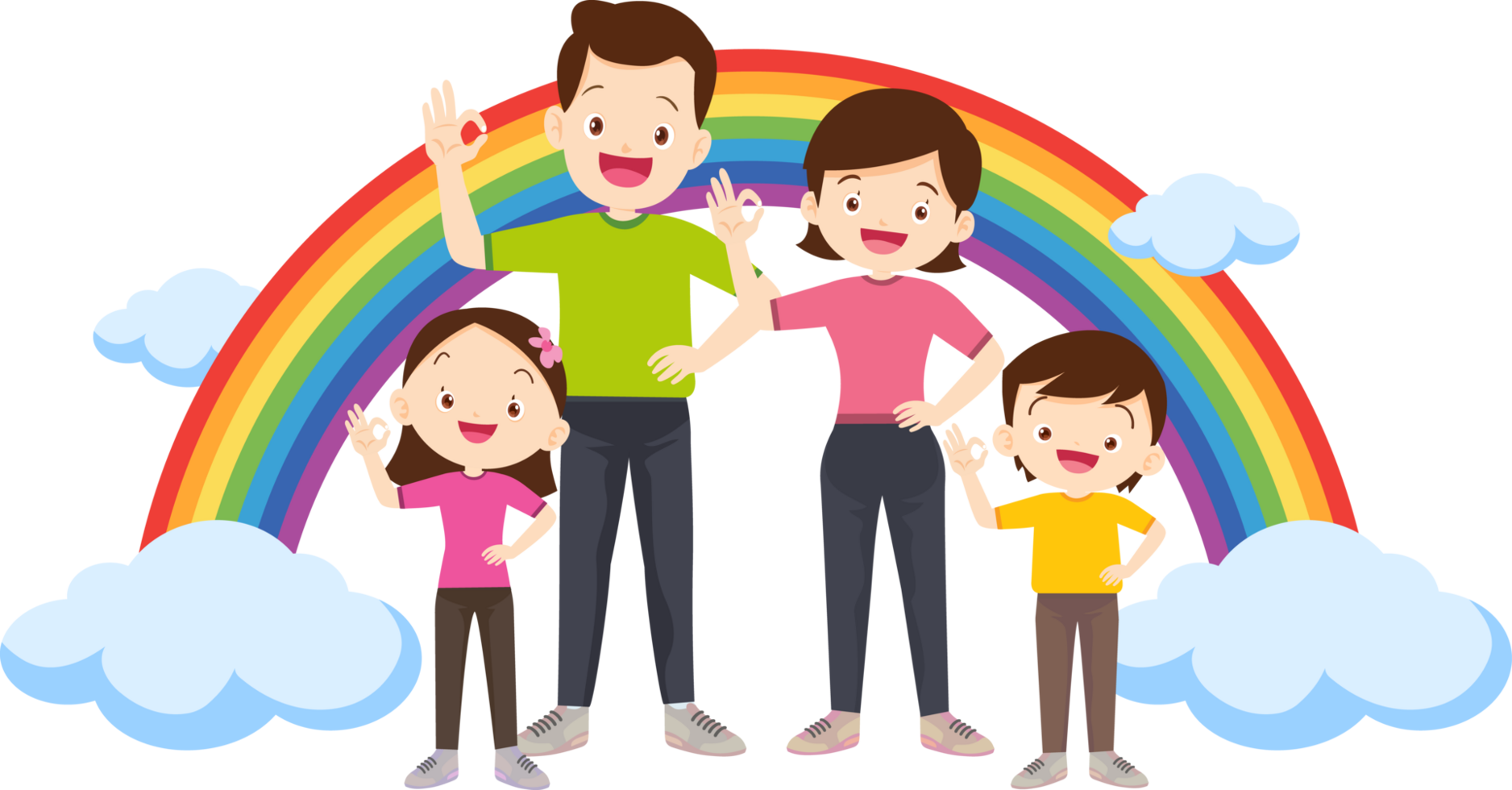Healthy family smiling and exercising with a beautiful rainbow as a backdrop. png