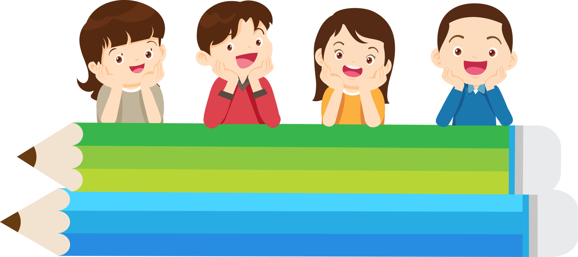 The students are happily sitting on a large mock-up pencil. png