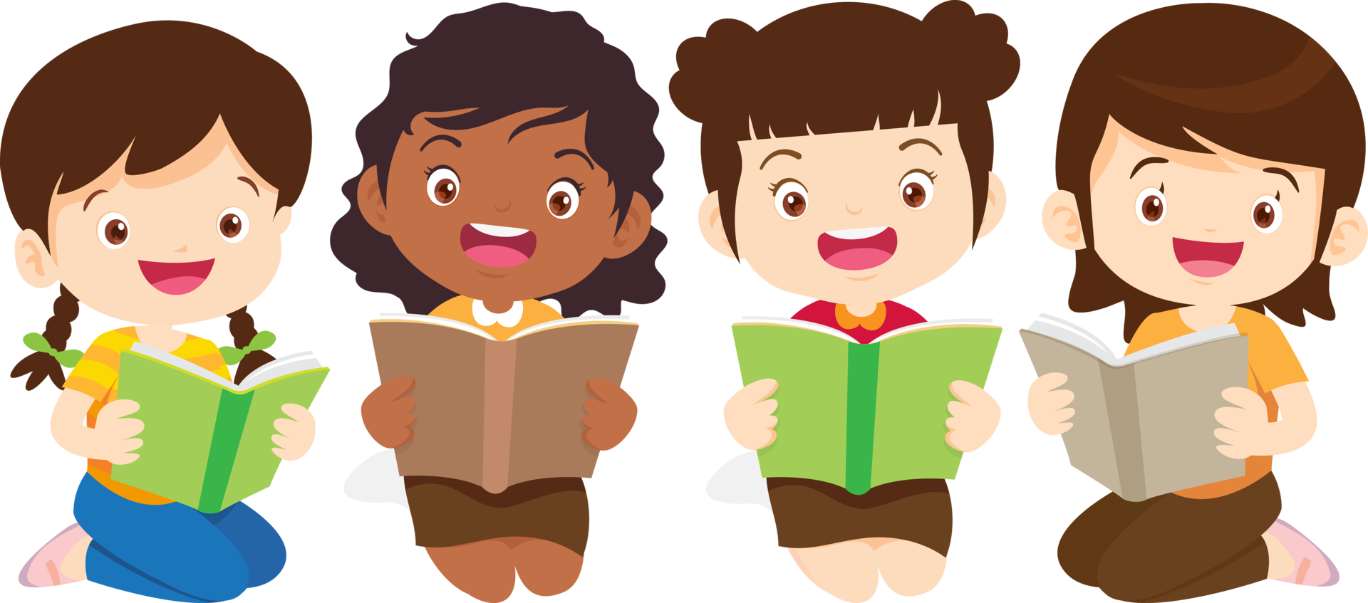 A group of school girls read books together intently. png