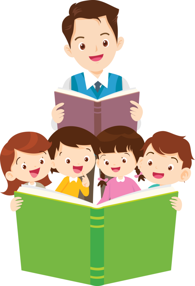 A young teacher is teaching children to read in unison. png
