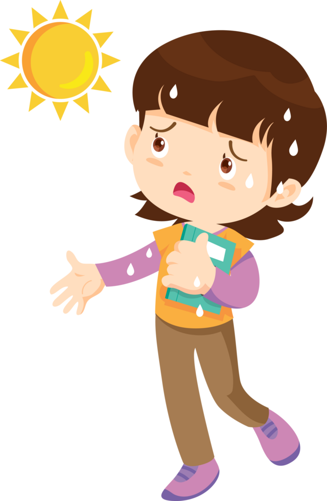 The girl walks to school in the sweltering heat, covered in sweat. png