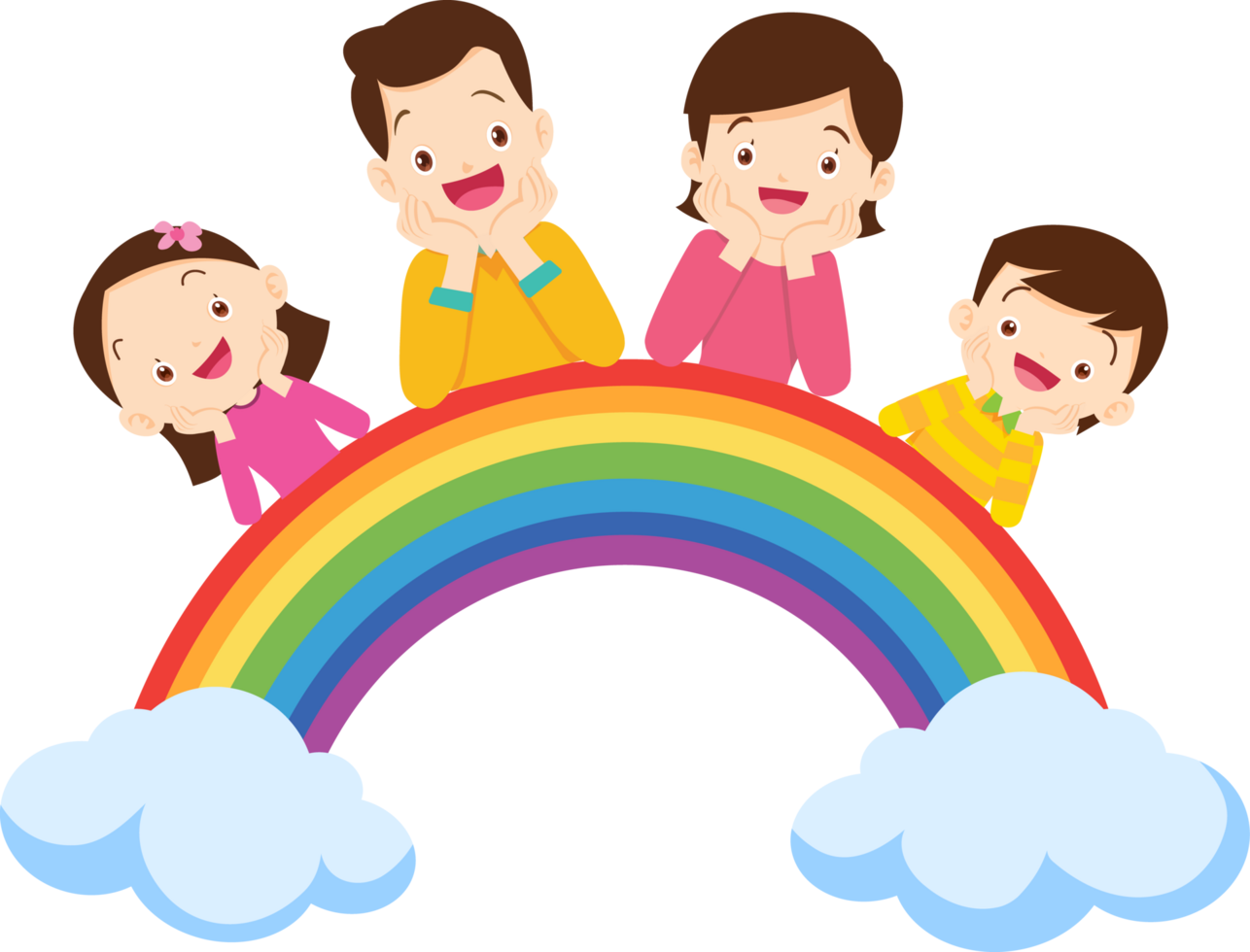 A happy family sits in a row on a rainbow with happy faces. png