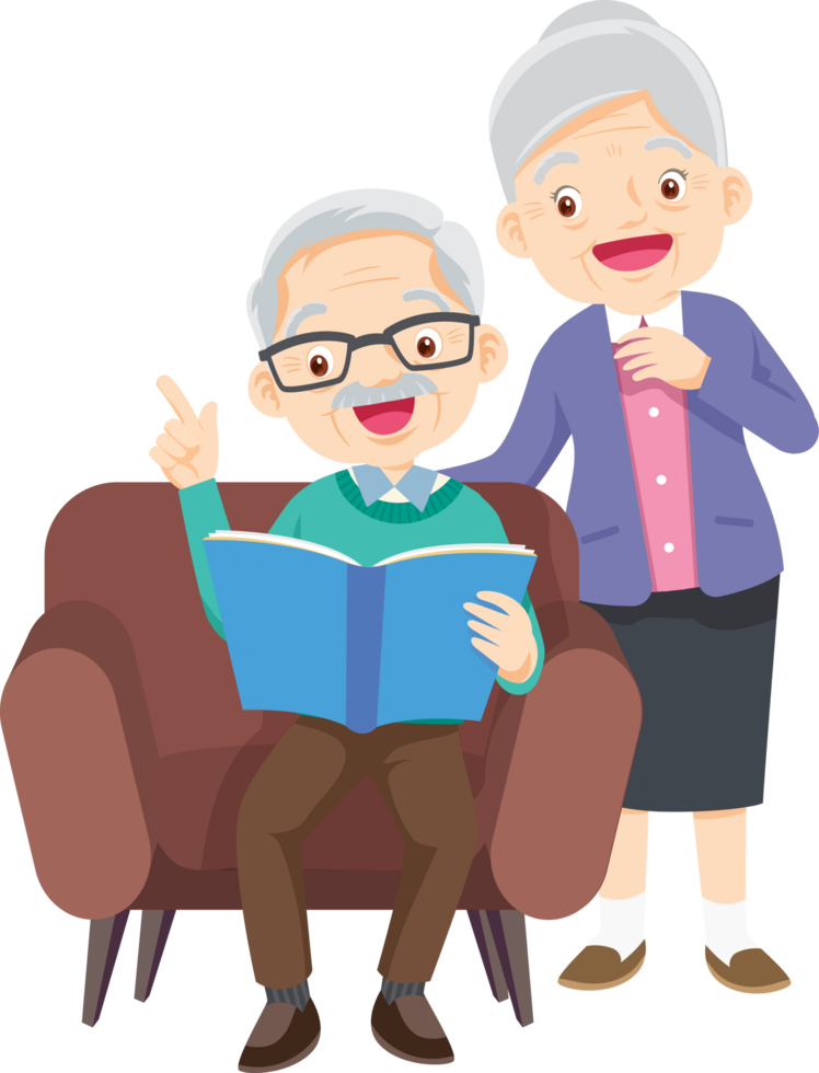 Grandpa and grandma laughed happily when they looked at the old photos of their memories. png