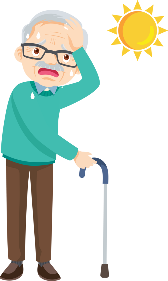 Grandpa stood holding a cane, sweating profusely, looking miserable in the hot weather. png