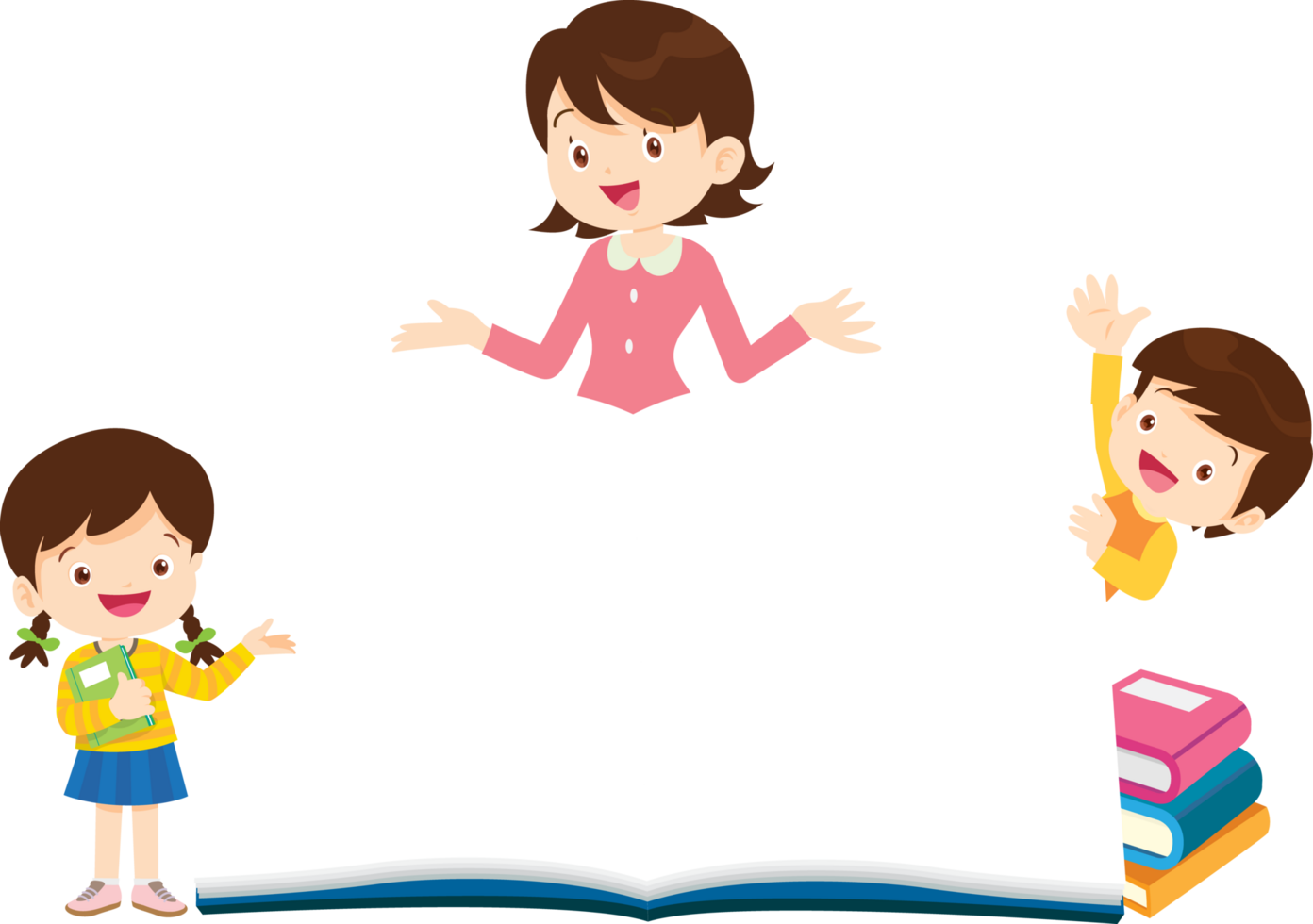 A female teacher is using a large model book to teach. png
