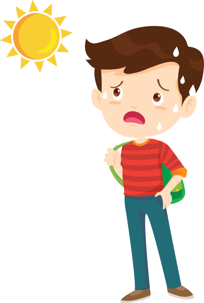 The boy walked to school sweating heavily because of the hot weather. png