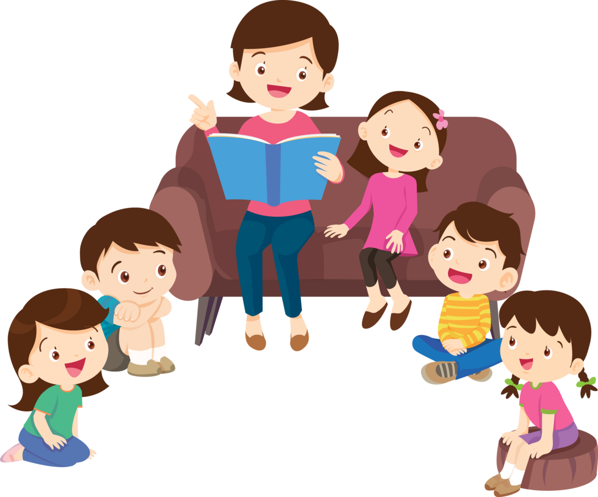 Mothers spend their free time reading stories to their children with great enjoyment. png