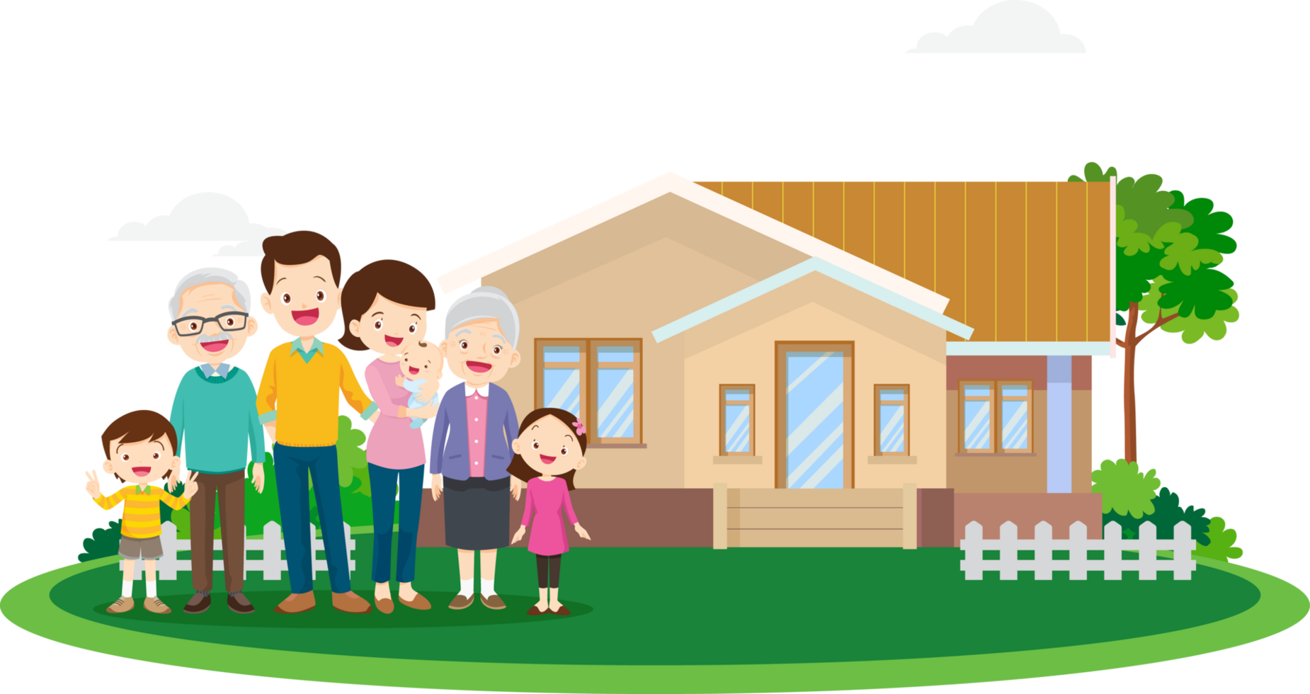 A happy family stands in front of a big house with smiling faces. png