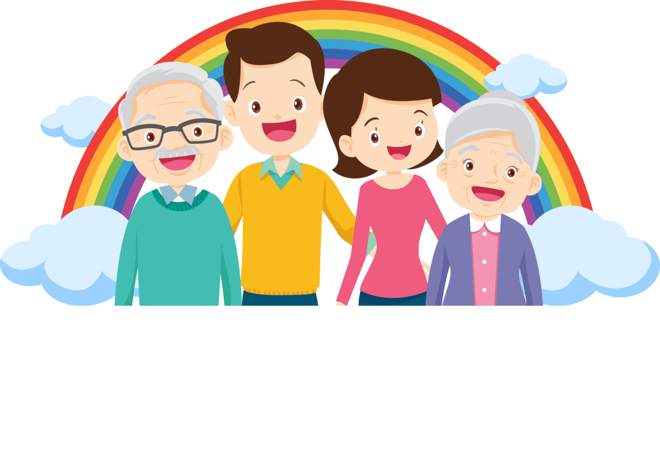 Grandparents and parents smile brightly with a beautiful rainbow as the backdrop. png