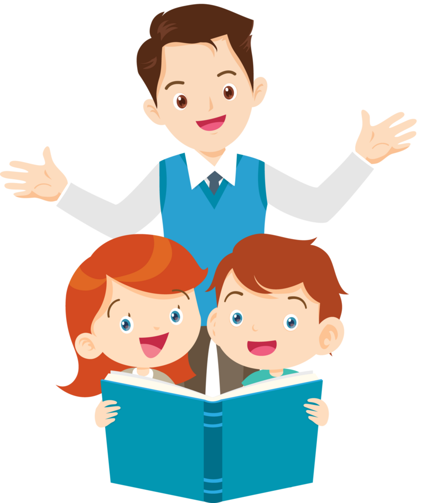 The teacher is teaching the students to read books with fun. png
