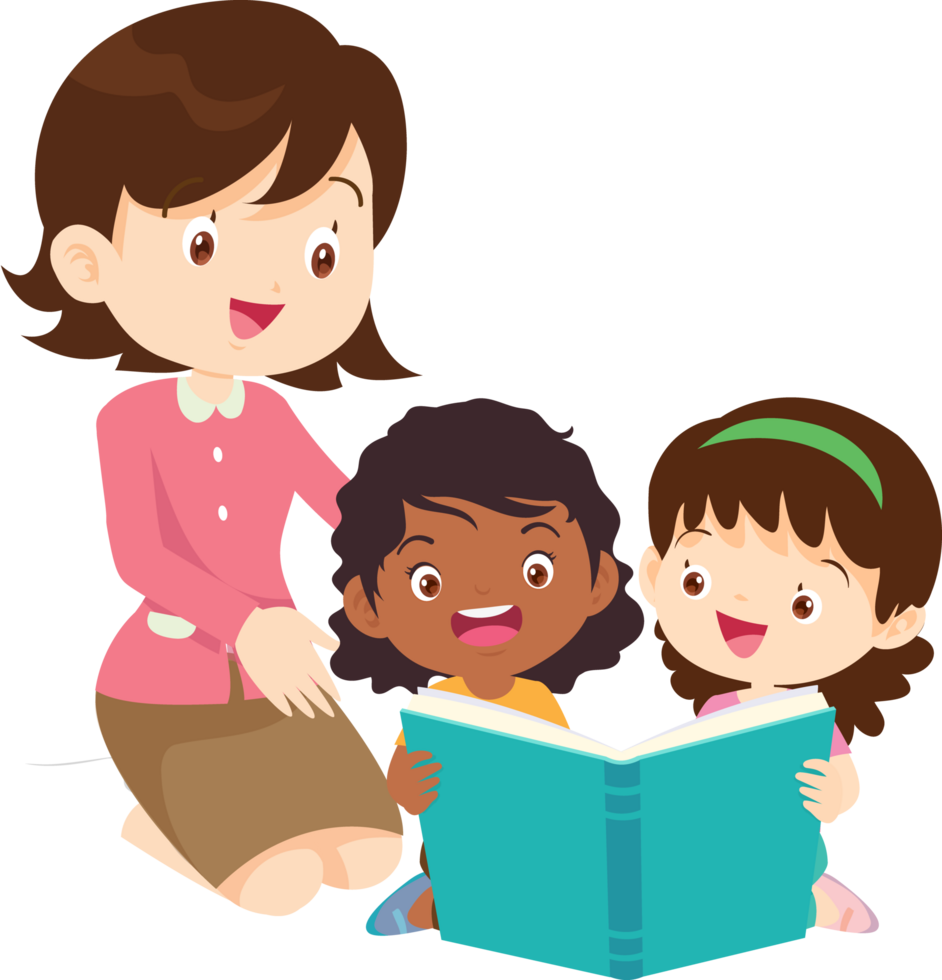 A young teacher has children pair up to read a fun storybook. png