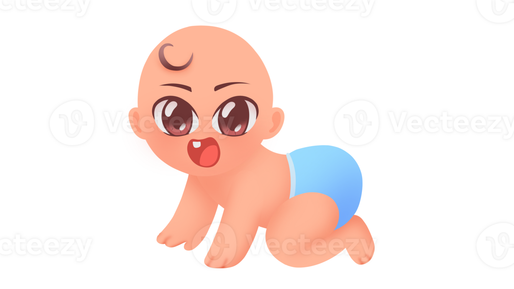 Adorable cartoon-style illustration of a crawling baby with big expressive eyes, a cheerful expression, and a blue diaper. png