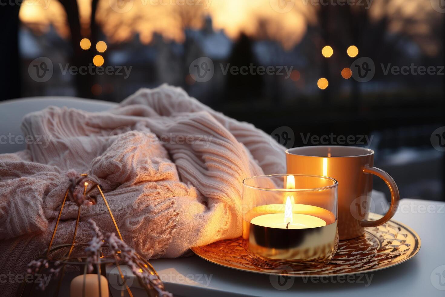 Candle and blanket on a table with a view of the city photo