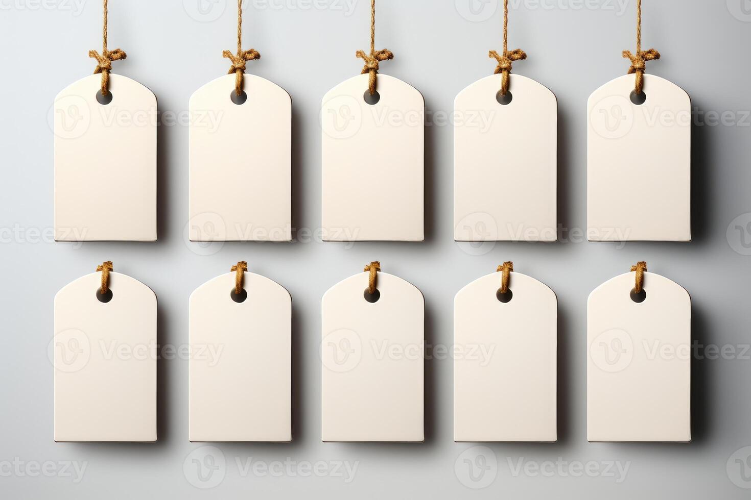 Blank white price tags hanging on string on a gray background photo