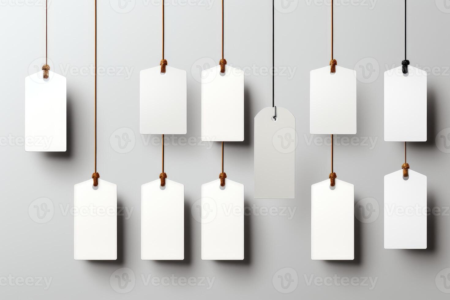 Blank white tags hanging on strings on a wall photo