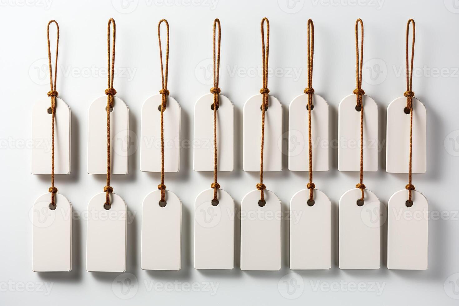 White tags hanging on a string on a white background photo